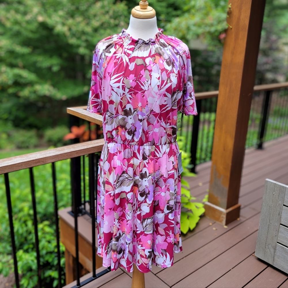 Pink Ruffle Neck Floral Blouson Dress by Maggy London